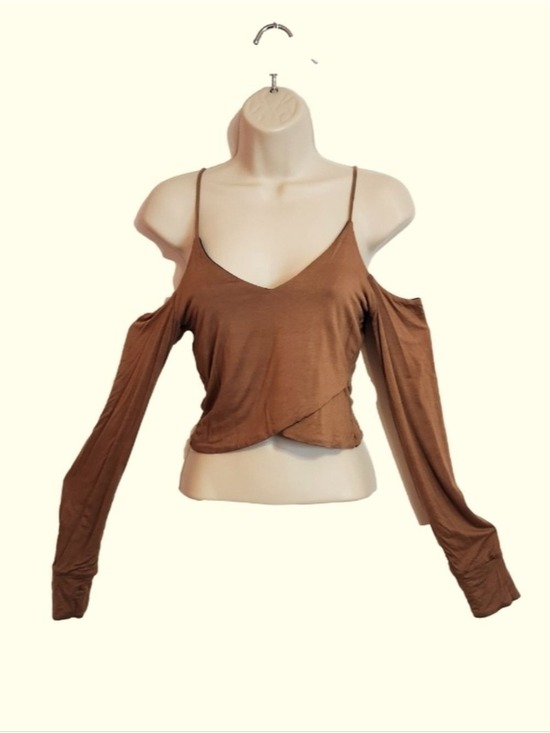 Briavia Tops - Briavia Knit Top Tan Black Cold Shoulder Cropped Medium Large